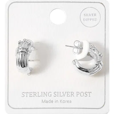 Fashnzfab Silver Dipped Sterling Silver Post Textured Hoop Earrings In Metallic