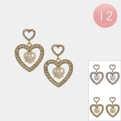 Fashnzfab 12pairs - Heart Pearl Pointed Stone Paved Open Heart Dangle Earrings In Gold