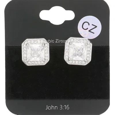 Fashnzfab Cz Square Accented Octagon Stud Evening Earrings In Metallic