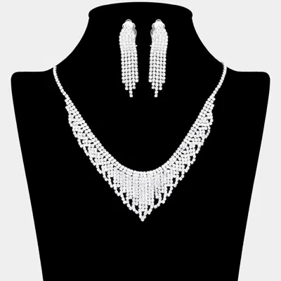 Fashnzfab V Shaped Rhinestone Pave Necklace Clip On Earring Set In Metallic