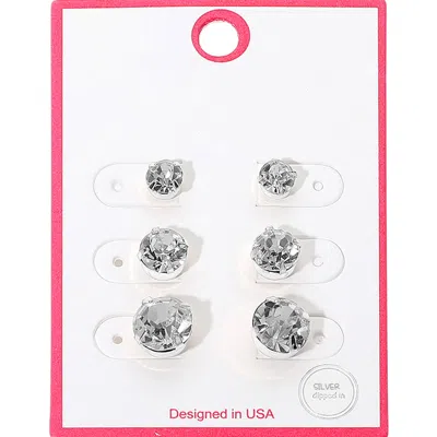 Fashnzfab 3pairs - Silver Dipped Graduated Size Crystal Stud Earring Set In Metallic