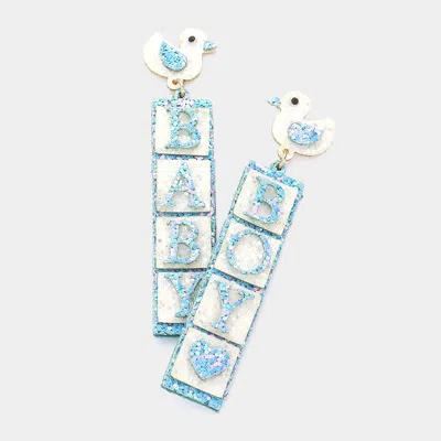 Fashnzfab Glittered Chick Baby Boy Message Dangle Earrings In Blue