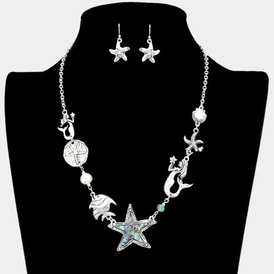 Fashnzfab Abalone Starfish Metal Mermaid Sand Dollar Shell Freshwater Pearl Link Necklace In Metallic