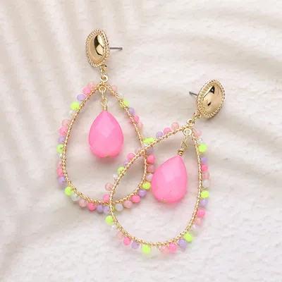 Fashnzfab Teardrop Stone Pointed Faceted Beaded Open Teardrop Dangle Earrings In Pink