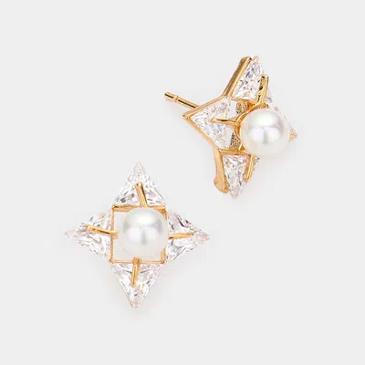 Fashnzfab Crystal Cubic Zirconia Cz Pearl Art Deco Earrings In Gold