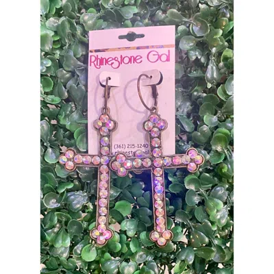 A Rare Bird Women's Iridescent Crystal Bronze Cross Earrings In Pink In Pink