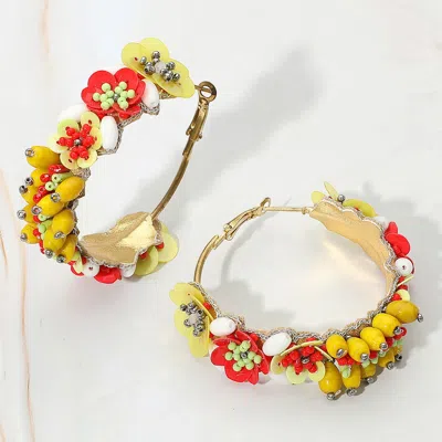 Fashnzfab Flower Beads Hoop Earrings In Yellow