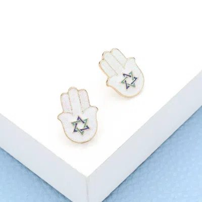 Fashnzfab Glittered Star Of David Centered Hamsa Hand Hanukkah Stud Earrings In Metallic
