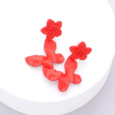 Fashnzfab Crushed Colored Metal Flower Butterfly Link Dangle Earrings In Red