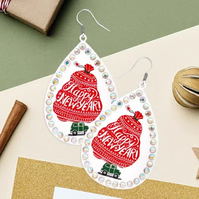 Fashnzfab Happy New Year Message Printed Stone Trimmed Metal Teardrop Dangle Earrings In Red