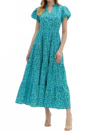 Entro Floral Tiered Midi Dress In Blue & Green In Green