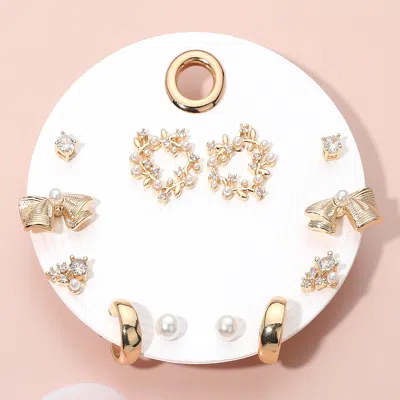 Fashnzfab 6pairs - Elegant Pearl Vine Bow Hoop Earring Set In Gold