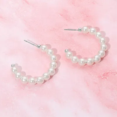 Fashnzfab Pearl Beaded Hoop Earrings 1.4" X 1.25" In White