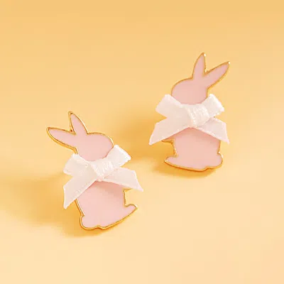 Fashnzfab Bow Pointed Enamel Easter Bunny Stud Earrings In Pink