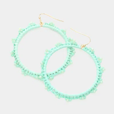Fashnzfab Faceted Beaded Pointed Raffia Wrapped Open Circle Dangle Earrings In Green