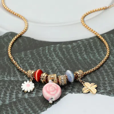 Fashnzfab Ceramic Flower Metal Clover Charm Beaded Necklace In Gold