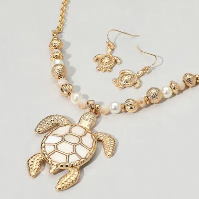 Fashnzfab Mother Of Pearl Turtle Pendant Multi Beaded Necklace In Gold