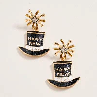 Fashnzfab Starburst Accent Enamel Happy New Year Hat Dangle Earrings In Gold