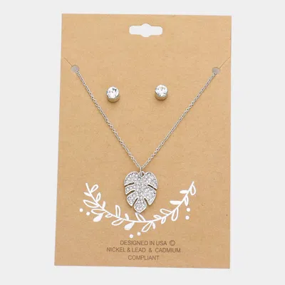Fashnzfab Rhinestone Embellished Tropical Leaf Pendant Necklace In Metallic