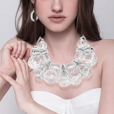 Fashnzfab Chunky Acrylic Ball Textured Metal Ring Beaded Statement Necklace In Metallic