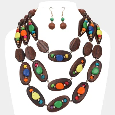 Fashnzfab Triple Layered Pebble Embellished Wooden Plate Bib Statement Necklace In Multi