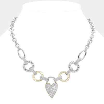 Fashnzfab 14k Gold Plated Two Tone Cz Stone Paved Heart Pendant Necklace In Metallic
