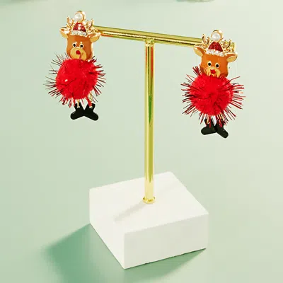 Fashnzfab Enamel Rudolph Pom Pom Dangle Earrings In Red