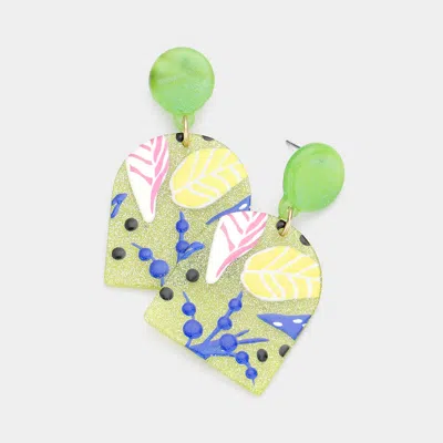 Fashnzfab Leaf Printed Glitter Resin Dangle Earrings In Green