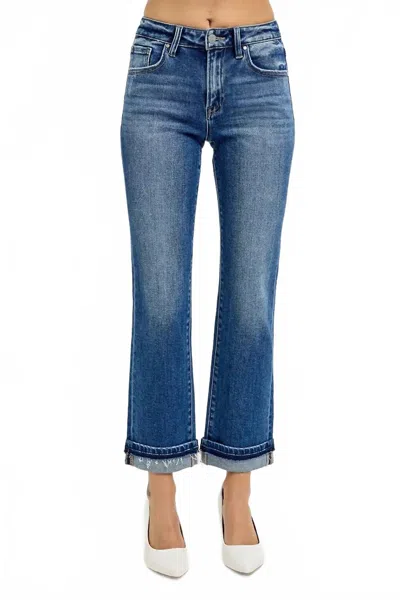 Risen Mid Rise Ankle Straight Cuffed Jeans In Blue In Animal Print