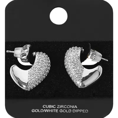 Fashnzfab White Gold Dipped Half Cz Stone Paved Heart Mini Hoop Earrings In Metallic