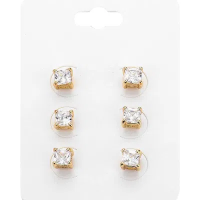 Fashnzfab 3pairs - Square Stone Stud Earrings In Gold
