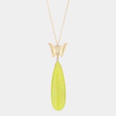 Fashnzfab Butterfly Natural Stone Teardrop Link Pendant Long Necklace In Green