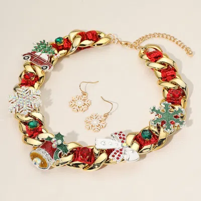 Fashnzfab Chunky Christmas Bell Snowman Bow Tree Truck Snowflake Necklace In Gold
