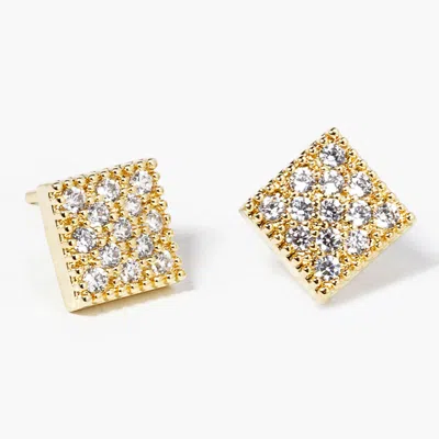 Fashnzfab Gold Dipped Cz Stone Paved Square Mini Stud Earrings In Gold