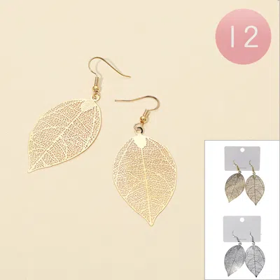 Fashnzfab 12pairs - Metal Filigree Leaf Dangle Earrings In Gold