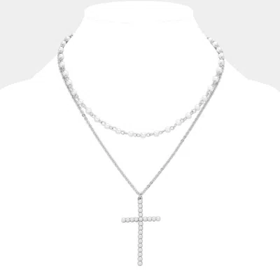 Fashnzfab Pearl Cross Pendant Pointed Metal Chain Pearl Station Layered Necklace In Metallic