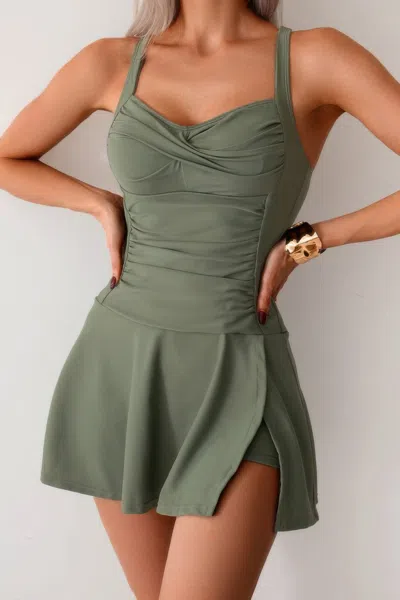Truedames One Piece Ruched Crossover Sleeveless Swimsuit In Green