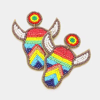 Fashnzfab Felt Back Rainbow Seed Beaded Steer Head Dangle Earrings In Multi