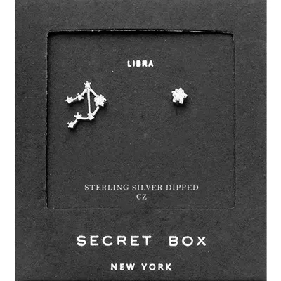 Fashnzfab Secret Box_sterling Silver Dipped Cz Stone Paved Libra Zodiac Sign Stud Earrings In Metallic