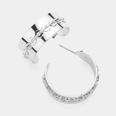 Fashnzfab Secret Box_sterling Silver Dipped Hypoallergenic Chain Pointed Hoop Earrings In Metallic