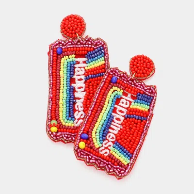 Fashnzfab Happiness Message Rainbow Felt Back Seed Beaded Candy Dangle Earrings In Red