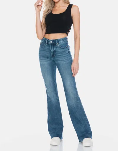 Judy Blue Mid Rise Tummy Control Vintage Wash Cut Hem Flare Jeans In Medium In Multi