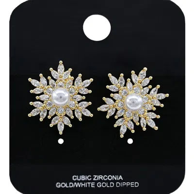 Fashnzfab Gold Dipped Pearl Accent Cz Stone Snowflake Stud Earrings In Metallic