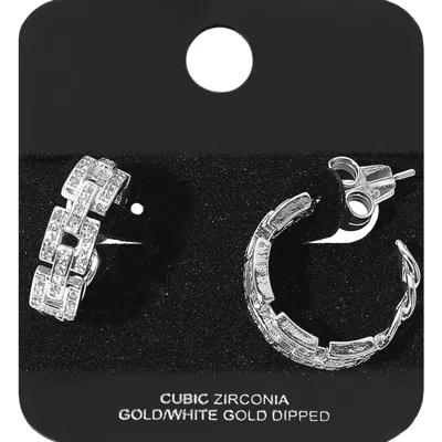 Fashnzfab White Gold Dipped Cz Stone Paved Square Chain Link Hoop Earrings In Metallic