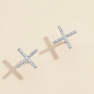 Fashnzfab Semi Fine Collection - 18k White Gold Dipped Stone Paved Cross Stud Earrings In Metallic