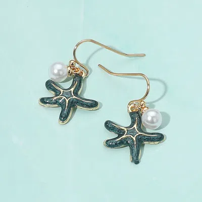 Fashnzfab Enamel Starfish Pearl Dangle Earrings In Green