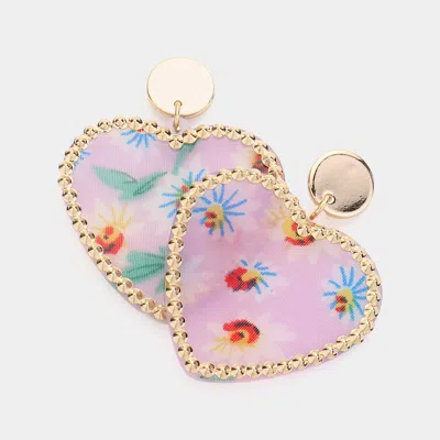 Fashnzfab Flower Patterned Resin Heart Dangle Earrings In Gold