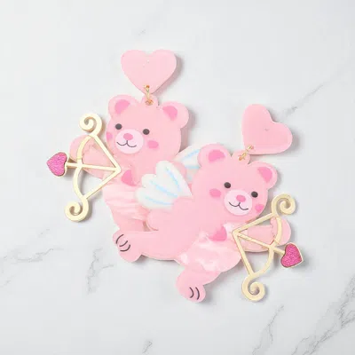 Fashnzfab Resin Cupid Bear With Arrow Dangle Earrings In Pink