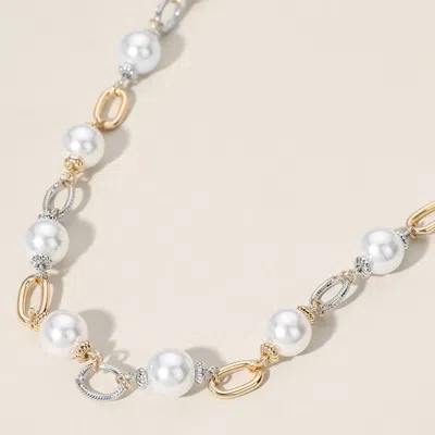 Fashnzfab Pearl Two Tone Metal Link Necklace In Gold