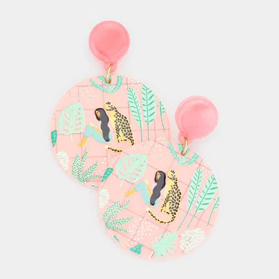 Fashnzfab Girl Cheetah Leaf Printed Resin Round Dangle Earrings In Pink